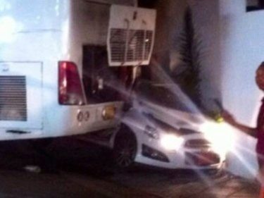 Phuket Bus Rolls Backwards, Crushing Car and Blocking Patong Road North Indefinitely